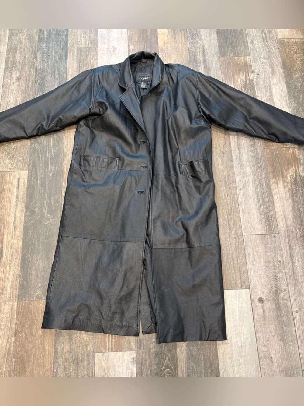 COMINT VTG Genuine Leather Black Long Trench Coat Women 1X Goth Steampunk Y2K
